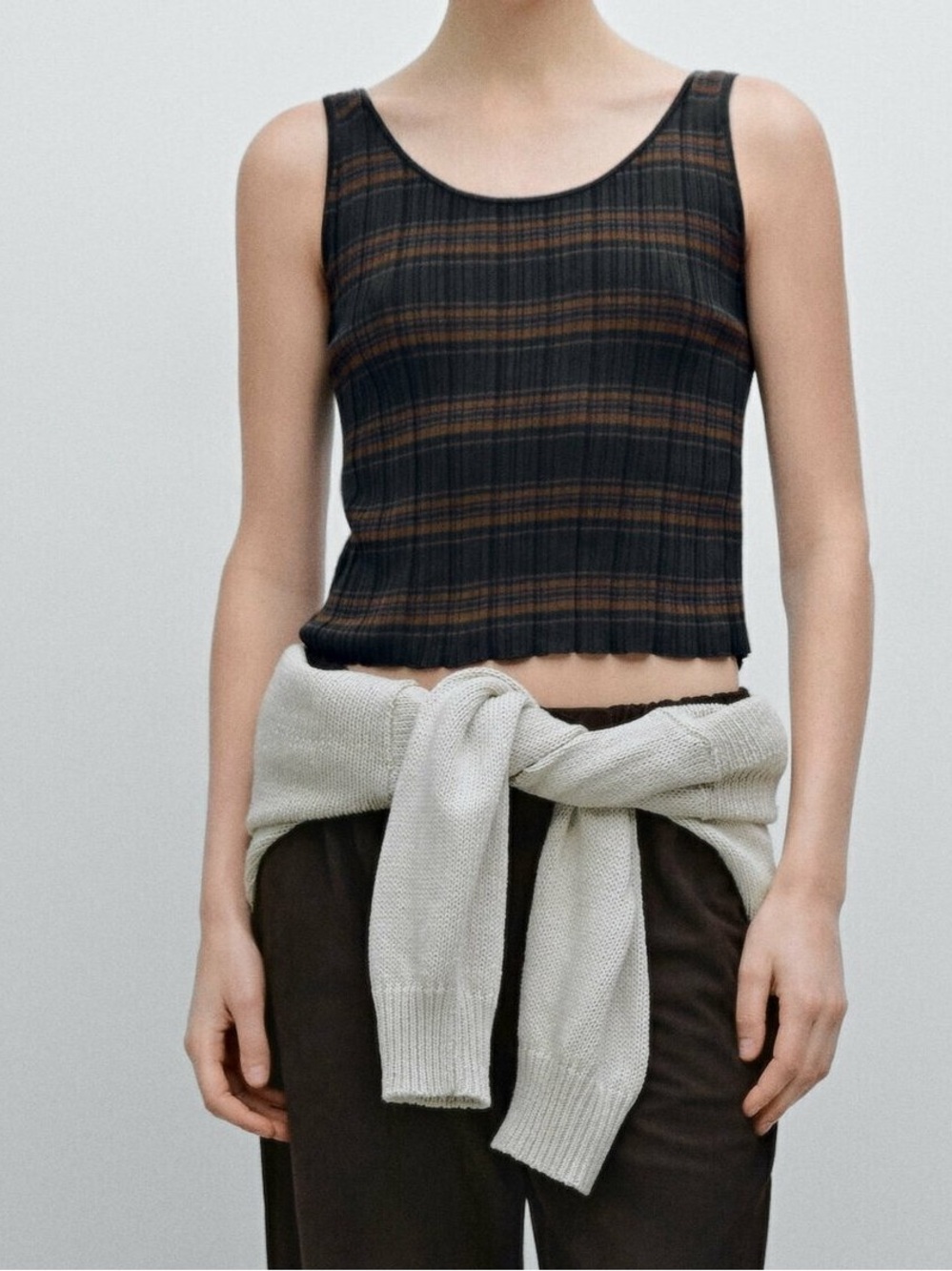 Massimo Dutti sz Small striped plaid scoop neck tank top in navy brown